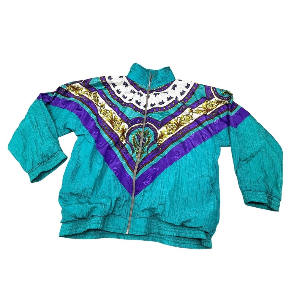 Vintage 90s Baroque Scarf Print Windbreaker Jacket Teal Purple Gold Large XL